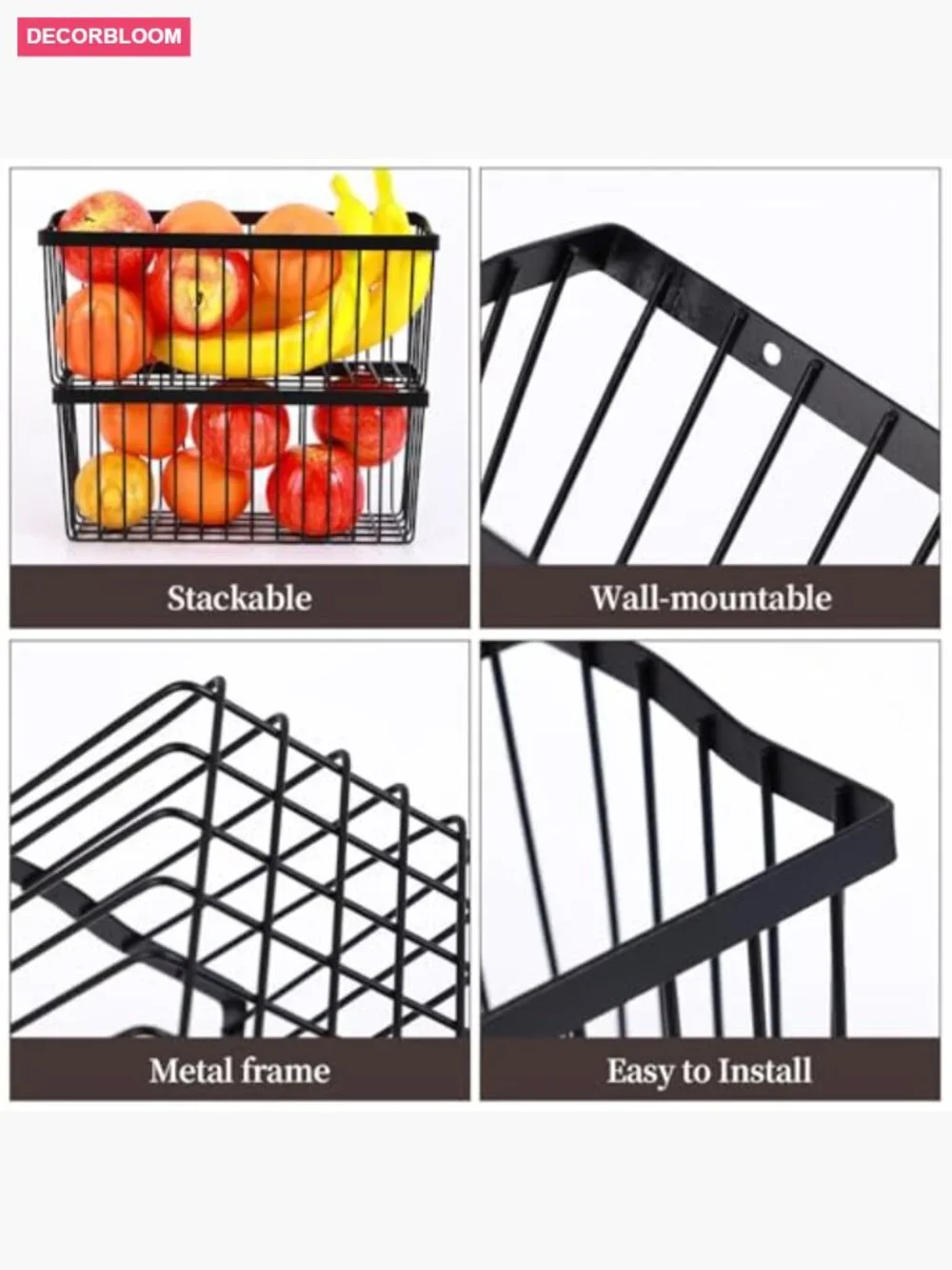 2-Piece Wall Mounted Fruit Basket Set, Carbon Steel Wire Veggie Storage for